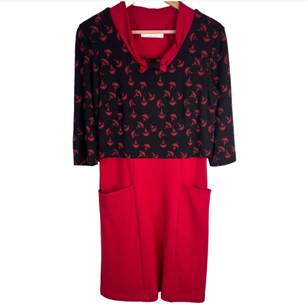 Annie 50 Sweater Dress M Black Red Pockets Bow Collar Mod 60s Indie Canada Made